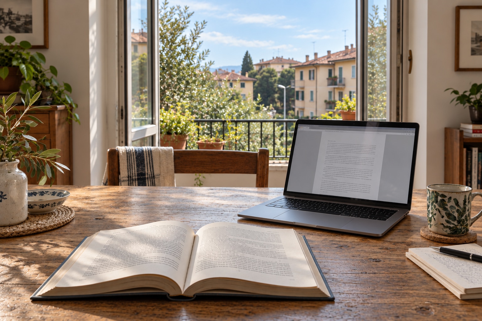 Scena illustrativa: una scrivania con un libro aperto e lo schermo di un computer, davanti a una finestra che dà su un paesaggio